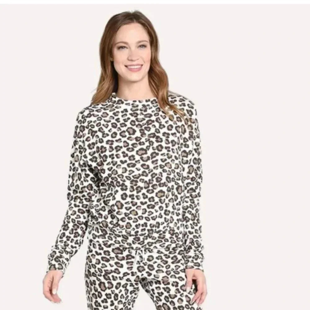 Monrow Sweatshirt Top Crew Neck Long Sleeve Leopard Animal Print White Brown XS